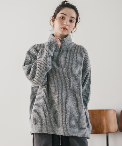 Rocky Monroe(ロッキーモンロー)の「オーバーサイズ畦編みハーフジップ長袖ニットセーター(ニット/セーター・メンズ・ネイビー/ブルー/ピンク/レッド/ホワイト系/ブラック系/グレー系/チャコール/ワイン・S/M/XL/L)」の22枚目の写真