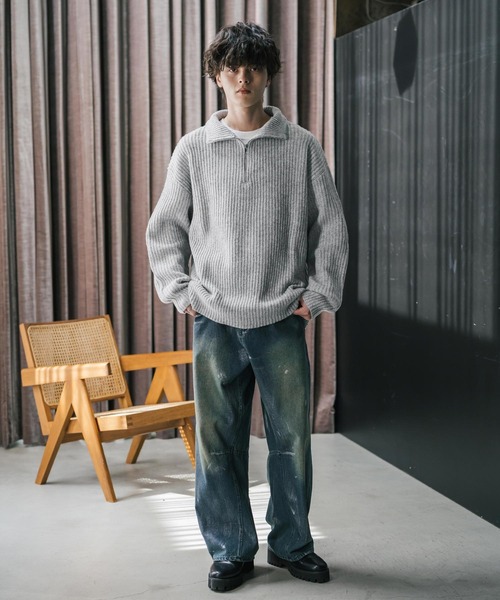 Rocky Monroe(ロッキーモンロー)の「オーバーサイズ畦編みハーフジップ長袖ニットセーター(ニット/セーター・メンズ・ネイビー/ブルー/ピンク/レッド/ホワイト系/ブラック系/グレー系/チャコール/ワイン・S/M/XL/L)」の12枚目の写真