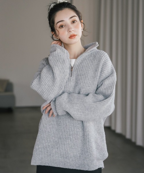 Rocky Monroe(ロッキーモンロー)の「オーバーサイズ畦編みハーフジップ長袖ニットセーター(ニット/セーター・メンズ・ネイビー/ブルー/ピンク/レッド/ホワイト系/ブラック系/グレー系/チャコール/ワイン・S/M/XL/L)」の14枚目の写真