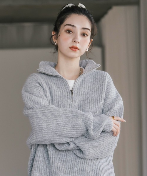 Rocky Monroe(ロッキーモンロー)の「オーバーサイズ畦編みハーフジップ長袖ニットセーター(ニット/セーター・メンズ・ネイビー/ブルー/ピンク/レッド/ホワイト系/ブラック系/グレー系/チャコール/ワイン・S/M/XL/L)」の15枚目の写真
