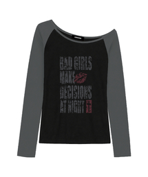 バッドキス ワンショルダーラグラン長袖トップス (GRAY BLACK)