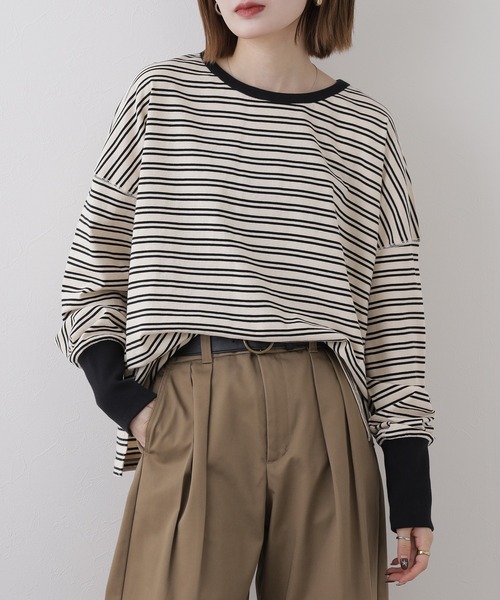 Arinomama(アリノママ)の「Arinomama しっかり厚手ボーダー ロングリブ長袖Tシャツ 空紡糸度詰(Tシャツ/カットソー・レディース・レッド系2/ブラック系1/レッド系1/ブラック系2・FREE)」の1枚目の写真