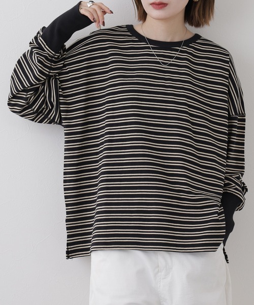 Arinomama(アリノママ)の「Arinomama しっかり厚手ボーダー ロングリブ長袖Tシャツ 空紡糸度詰(Tシャツ/カットソー・レディース・レッド系2/ブラック系1/レッド系1/ブラック系2・FREE)」の2枚目の写真