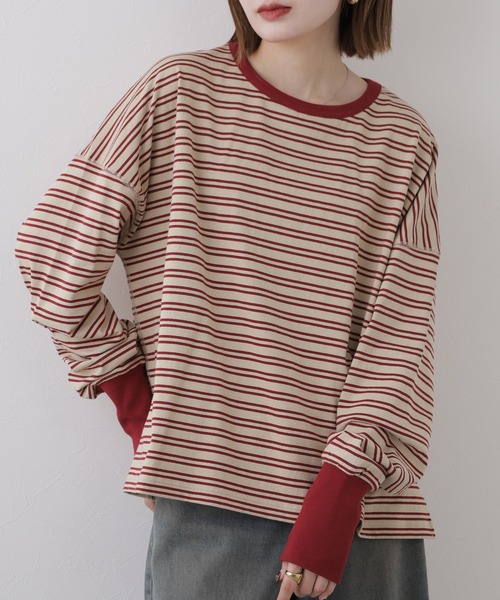 Arinomama(アリノママ)の「Arinomama しっかり厚手ボーダー ロングリブ長袖Tシャツ 空紡糸度詰(Tシャツ/カットソー・レディース・レッド系2/ブラック系1/レッド系1/ブラック系2・FREE)」の3枚目の写真