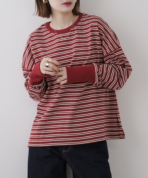 Arinomama(アリノママ)の「Arinomama しっかり厚手ボーダー ロングリブ長袖Tシャツ 空紡糸度詰(Tシャツ/カットソー・レディース・レッド系2/ブラック系1/レッド系1/ブラック系2・FREE)」の4枚目の写真