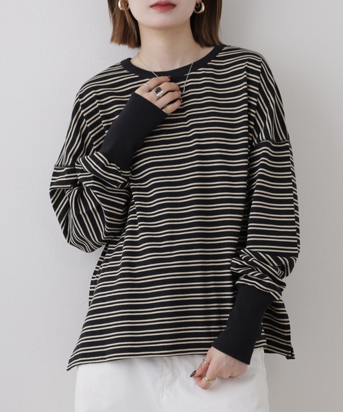 Arinomama(アリノママ)の「Arinomama しっかり厚手ボーダー ロングリブ長袖Tシャツ 空紡糸度詰(Tシャツ/カットソー・レディース・レッド系2/ブラック系1/レッド系1/ブラック系2・FREE)」の19枚目の写真