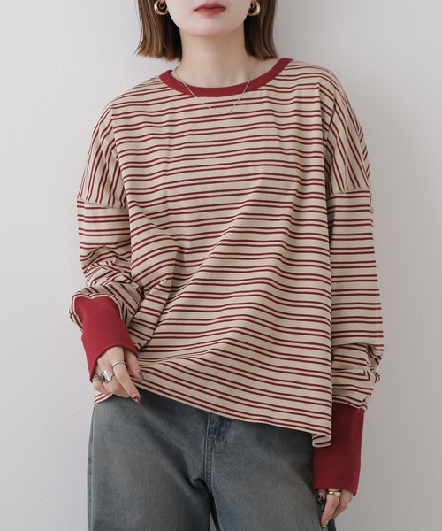 Arinomama(アリノママ)の「Arinomama しっかり厚手ボーダー ロングリブ長袖Tシャツ 空紡糸度詰(Tシャツ/カットソー・レディース・レッド系2/ブラック系1/レッド系1/ブラック系2・FREE)」の14枚目の写真