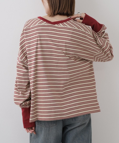 Arinomama(アリノママ)の「Arinomama しっかり厚手ボーダー ロングリブ長袖Tシャツ 空紡糸度詰(Tシャツ/カットソー・レディース・レッド系2/ブラック系1/レッド系1/ブラック系2・FREE)」の9枚目の写真
