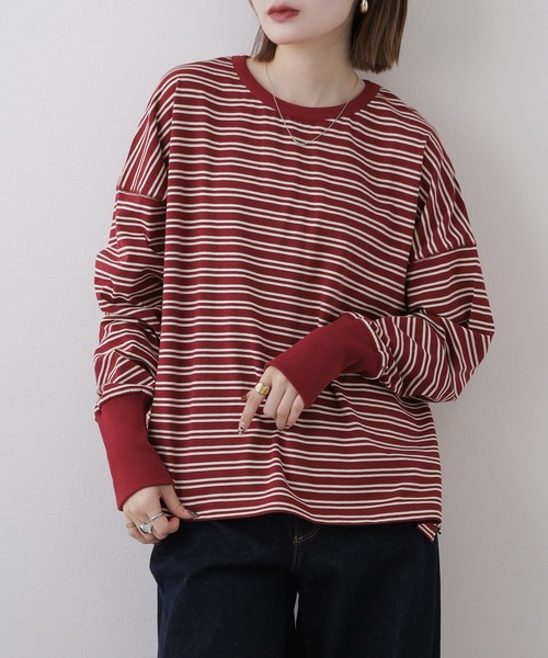 Arinomama(アリノママ)の「Arinomama しっかり厚手ボーダー ロングリブ長袖Tシャツ 空紡糸度詰(Tシャツ/カットソー・レディース・レッド系2/ブラック系1/レッド系1/ブラック系2・FREE)」の5枚目の写真