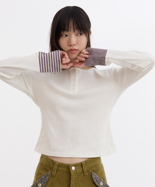 OHESHIO(オヘシオ)の「COLOR BLOCK BUTTON LONG SLEEVE, IVORY(Tシャツ/カットソー・レディース・その他・FREE)」の1枚目の写真