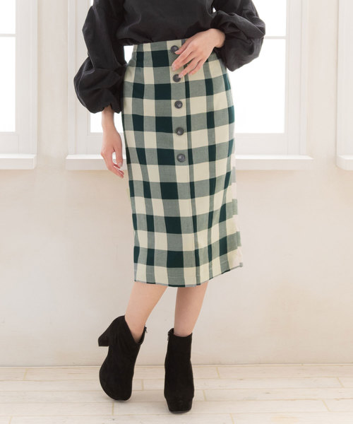 夢展望(ユメテンボウ)の「ブロックチェックボタン付き膝丈タイトスカート(スカート・レディース・ブラック/パープル/グリーン・MEDIUM/LARGE)」の2枚目の写真