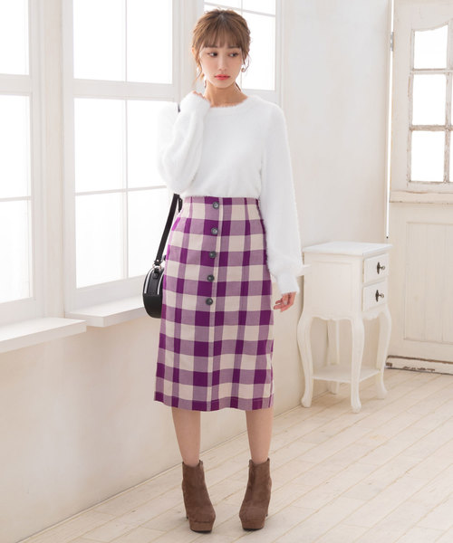夢展望(ユメテンボウ)の「ブロックチェックボタン付き膝丈タイトスカート(スカート・レディース・ブラック/パープル/グリーン・MEDIUM/LARGE)」の8枚目の写真