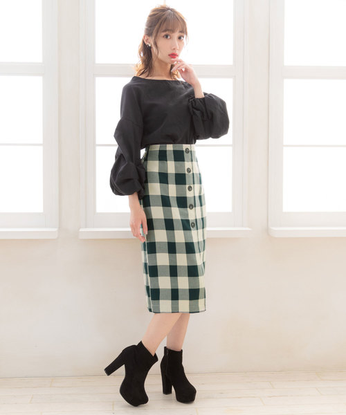 夢展望(ユメテンボウ)の「ブロックチェックボタン付き膝丈タイトスカート(スカート・レディース・ブラック/パープル/グリーン・MEDIUM/LARGE)」の9枚目の写真