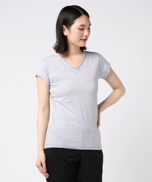HONKY TONK(ホンキートンク)の「【honky tonk/ホンキートンク】カールデザイン Vネックカットソートップス(Tシャツ/カットソー・レディース・ホワイト/杢グレー・FREE)」の2枚目の写真