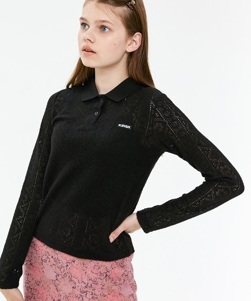 KIRSH(キルシー)の「LACE KNIT PIQUE COLLAR T-SHIRTS/レースニットスペードカラーTシャツ(Tシャツ/カットソー)」|ブラック