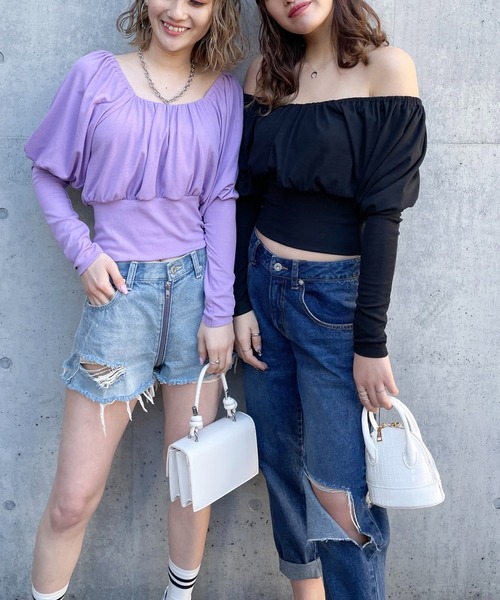 SPIRALGIRL（スパイラルガール）の「オフショルダーパフスリーブトップス（Tシャツ/カットソー・レディース・ブラック/パープル/オフホワイト/グリーン・FREE）」の16枚目の写真