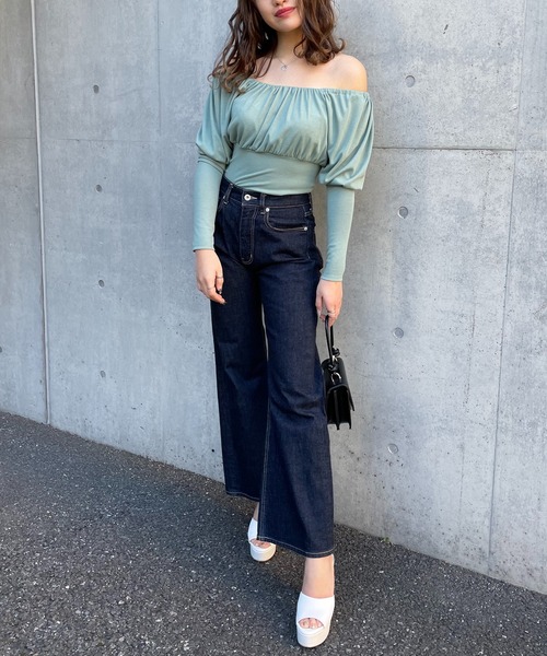 SPIRALGIRL（スパイラルガール）の「オフショルダーパフスリーブトップス（Tシャツ/カットソー・レディース・ブラック/パープル/オフホワイト/グリーン・FREE）」の19枚目の写真