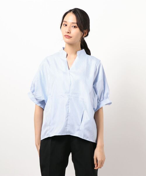 Ritzy(リッツィー)の「大人シルエット 半端袖 Vネックスタンドカラーストライプブラウス(シャツ/ブラウス・レディース・ブルー/ブラック・M/L/XL)」の8枚目の写真