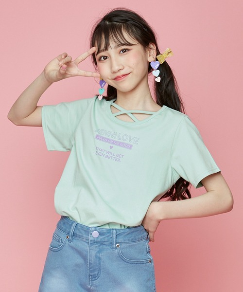 JENNI love(ジェニィラブ)の「接触冷感フロントネッククロスTシャツ(Tシャツ/カットソー・キッズ・ミント/サックスブルー/ピンク・150cm/160cm/130cm/140cm)」の2枚目の写真