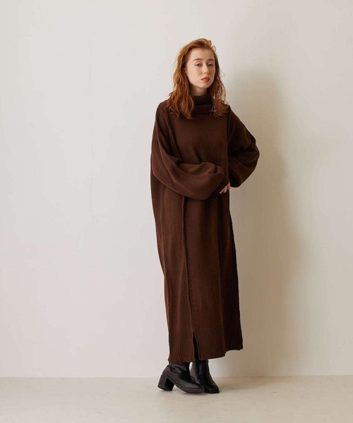 FLEUR DE KALINA(フレールドゥカリーナ)の「【FLEUR DE KALINA/フレール ドゥ カリーナ】 針抜きデザインニットロングワンピース(ワンピース・レディース・ブラック/ブラウン・FREE)」の1枚目の写真