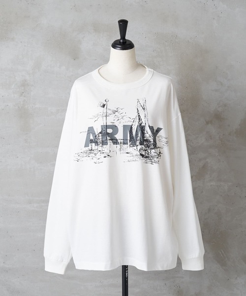 BEARDSLEY(ビアズリー)の「《FRIPIER・ユニセックス》ARMYロングTシャツ(マリーナ)(Tシャツ/カットソー・レディース・ホワイト/グレー・FREE)」の17枚目の写真