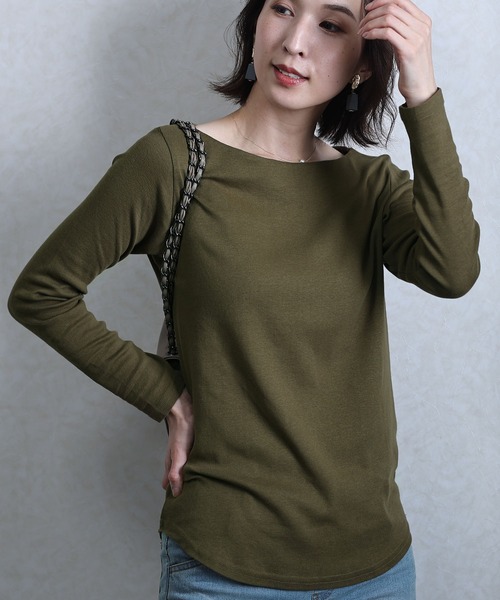 ElegChic（エレグシック）の「フライスボートネック ロング スリーブシャツ 長袖 （Tシャツ/カットソー・レディース・マジェンタ/ライトブルーグレー/チャコールグレー/杢グレー/ネイビー/ブラック/グレイッシュベージュ/ホワイト/カーキ・3L/4L/L/M/XL）」の7枚目の写真