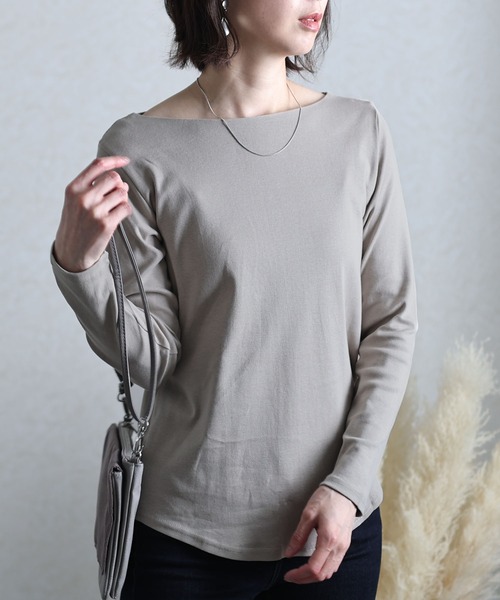ElegChic（エレグシック）の「フライスボートネック ロング スリーブシャツ 長袖 （Tシャツ/カットソー・レディース・マジェンタ/ライトブルーグレー/チャコールグレー/杢グレー/ネイビー/ブラック/グレイッシュベージュ/ホワイト/カーキ・3L/4L/L/M/XL）」の6枚目の写真