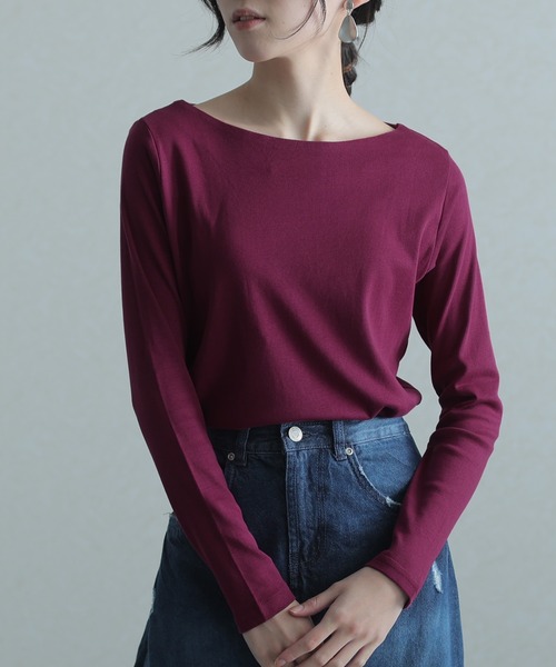 ElegChic（エレグシック）の「フライスボートネック ロング スリーブシャツ 長袖 （Tシャツ/カットソー・レディース・マジェンタ/ライトブルーグレー/チャコールグレー/杢グレー/ネイビー/ブラック/グレイッシュベージュ/ホワイト/カーキ・3L/4L/L/M/XL）」の9枚目の写真