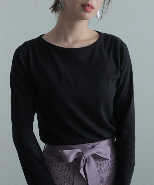 ElegChic（エレグシック）の「フライスボートネック ロング スリーブシャツ 長袖 （Tシャツ/カットソー・レディース・マジェンタ/ライトブルーグレー/チャコールグレー/杢グレー/ネイビー/ブラック/グレイッシュベージュ/ホワイト/カーキ・3L/4L/L/M/XL）」の2枚目の写真