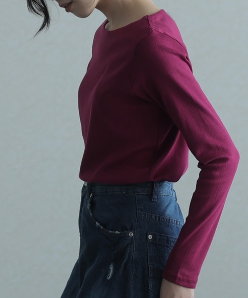 ElegChic（エレグシック）の「フライスボートネック ロング スリーブシャツ 長袖 （Tシャツ/カットソー・レディース・マジェンタ/ライトブルーグレー/チャコールグレー/杢グレー/ネイビー/ブラック/グレイッシュベージュ/ホワイト/カーキ・3L/4L/L/M/XL）」の18枚目の写真