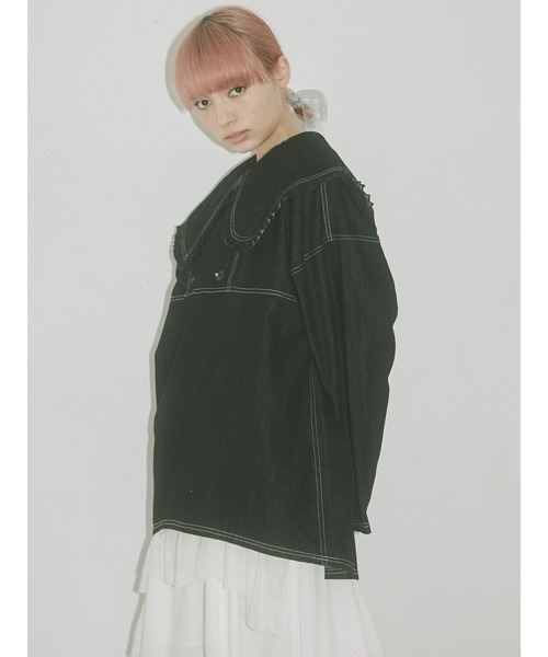 merry jenny（メリージェニー）の「デニムビッグカラーフリルブラウス（シャツ/ブラウス・レディース・ブラック/インディゴブルー・FREE）」の5枚目の写真