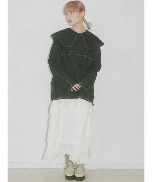 merry jenny（メリージェニー）の「デニムビッグカラーフリルブラウス（シャツ/ブラウス・レディース・ブラック/インディゴブルー・FREE）」の9枚目の写真