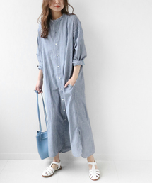 【ARMEN/アーメン】 UTILITY BAND COLLAR LONG OP STRIPE：ワンピース◆