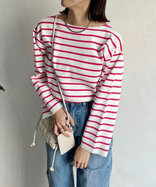 CAPRICIEUX LE'MAGE（カプリシューレマージュ）の「ボーダーワイドプルオーバー（ニット/セーター・レディース・ブラック/グリーン/ピンク・FREE）」の3枚目の写真