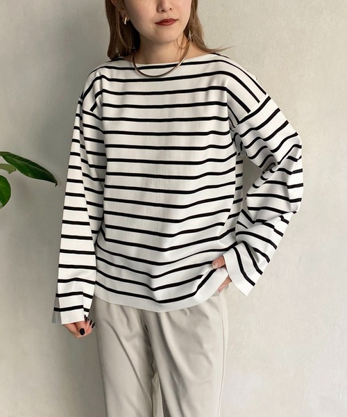 CAPRICIEUX LE'MAGE（カプリシューレマージュ）の「ボーダーワイドプルオーバー（ニット/セーター・レディース・ブラック/グリーン/ピンク・FREE）」の11枚目の写真