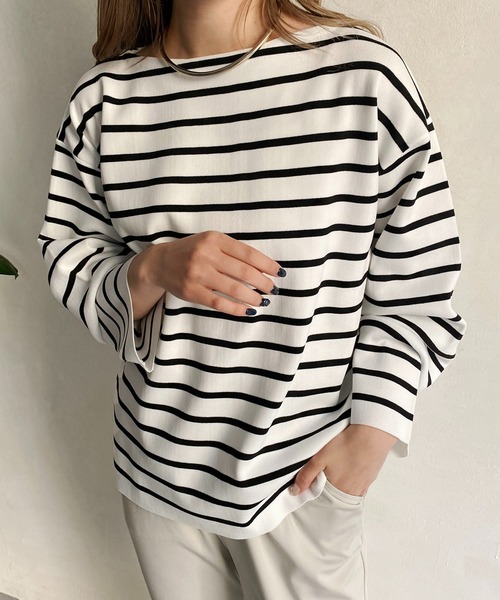 CAPRICIEUX LE'MAGE（カプリシューレマージュ）の「ボーダーワイドプルオーバー（ニット/セーター・レディース・ブラック/グリーン/ピンク・FREE）」の13枚目の写真