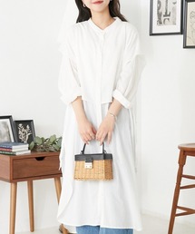 綿レーヨンバンドカラーケープシャツチュニック