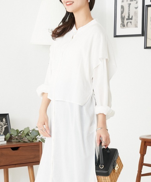 OMNES(オムネス)の「綿レーヨンバンドカラーケープシャツチュニック(シャツ/ブラウス・レディース・グレー/ブラック/ホワイト・FREE)」の10枚目の写真