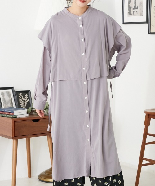 OMNES(オムネス)の「綿レーヨンバンドカラーケープシャツチュニック(シャツ/ブラウス・レディース・グレー/ブラック/ホワイト・FREE)」の12枚目の写真