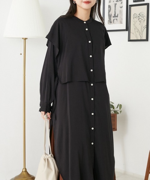 OMNES(オムネス)の「綿レーヨンバンドカラーケープシャツチュニック(シャツ/ブラウス・レディース・グレー/ブラック/ホワイト・FREE)」の18枚目の写真