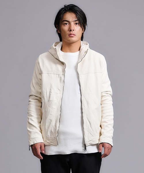 GIORGIO BRATO(ジョルジオブラット)の「GIORGIO BRATO × onegravity / フーデットパンチングレザージャケット(ブルゾン・メンズ・チャコールグレー/オフホワイト・46/48/50)」の2枚目の写真