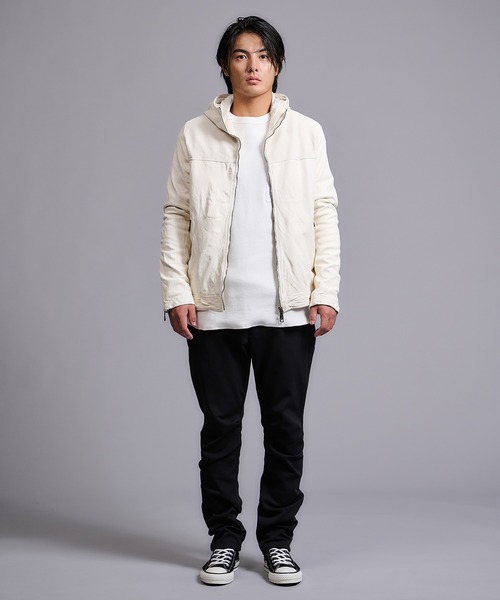 GIORGIO BRATO(ジョルジオブラット)の「GIORGIO BRATO × onegravity / フーデットパンチングレザージャケット(ブルゾン・メンズ・チャコールグレー/オフホワイト・46/48/50)」の4枚目の写真