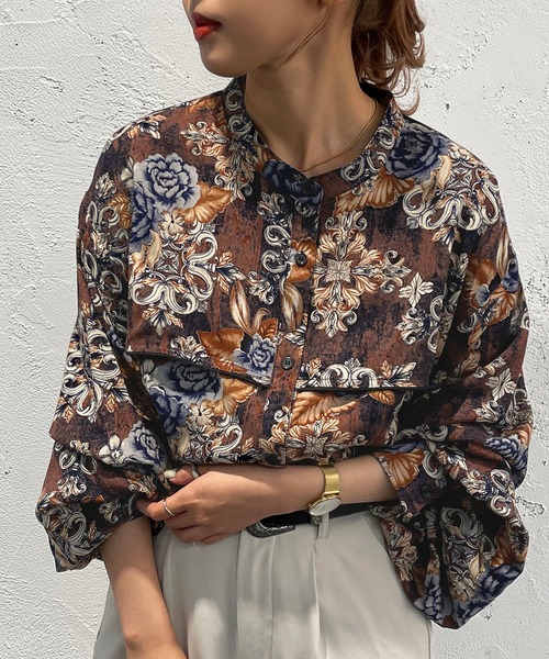 apres jour mignon（アプレジュールミニョン）の「柄バンドカラーシャツ【ZOZOTOWN限定アイテム】（シャツ/ブラウス・レディース・グリーン系その他/ブラウン系その他/ブルー系その他・X-LARGE/フリー）」の5枚目の写真