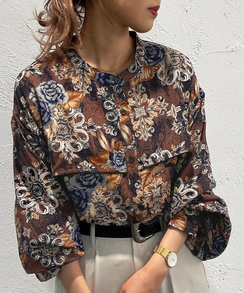 apres jour mignon（アプレジュールミニョン）の「柄バンドカラーシャツ【ZOZOTOWN限定アイテム】（シャツ/ブラウス・レディース・グリーン系その他/ブラウン系その他/ブルー系その他・X-LARGE/フリー）」の4枚目の写真