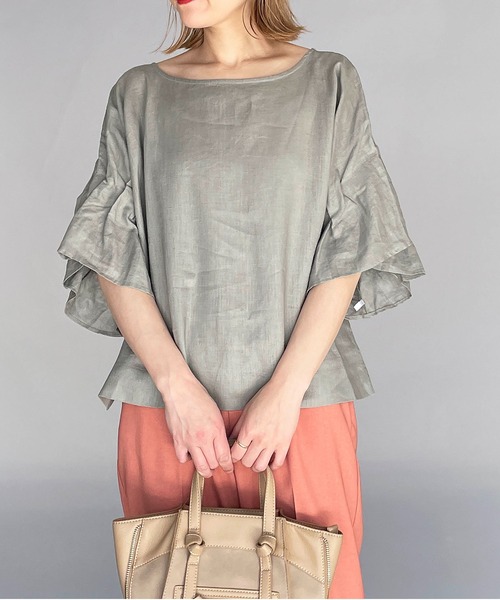 PICCIN(ピッチン)の「前後2WAYフレンチリネンブラウス(シャツ/ブラウス・レディース・ブラック/オフホワイト/カーキ/ブルー系その他/グレイッシュベージュ・M/L)」の4枚目の写真