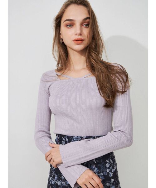 MERCURYDUO（マーキュリーデュオ）の「ナローテープランダムリブニット（ニット/セーター・レディース・ライトブルー/ブラック/オフホワイト/ラベンダー・FREE）」の4枚目の写真