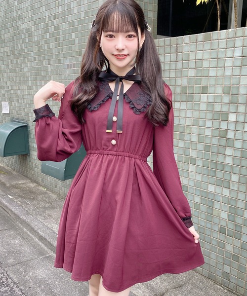 チョーカーリボン配色レースカラーワンピース（ワンピース）｜ROJITA