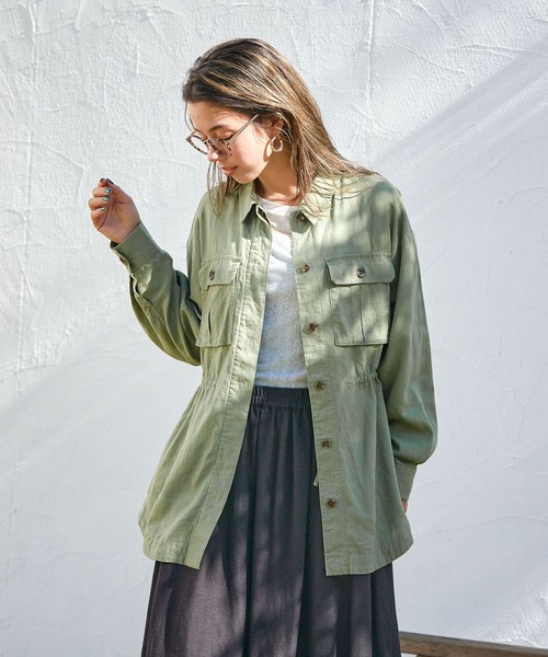 BAYFLOW（ベイフロー）の「リネンサファリラシャツジャケット（ミリタリージャケット・レディース・ネイビー/カーキ/アイボリー・SMALL/MEDIUM）」の3枚目の写真