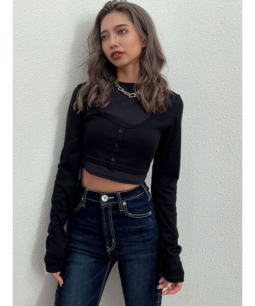 GYDA（ジェイダ）の「ドッキングレイヤードカットトップス（Tシャツ/カットソー・レディース・ブラック/グレー・FREE）」の4枚目の写真