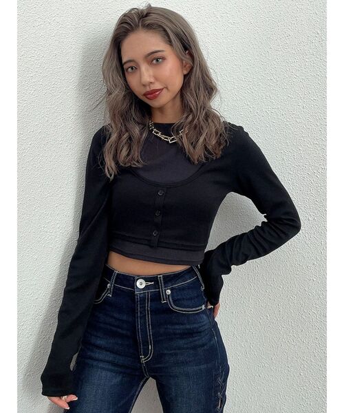 GYDA（ジェイダ）の「ドッキングレイヤードカットトップス（Tシャツ/カットソー・レディース・ブラック/グレー・FREE）」の5枚目の写真